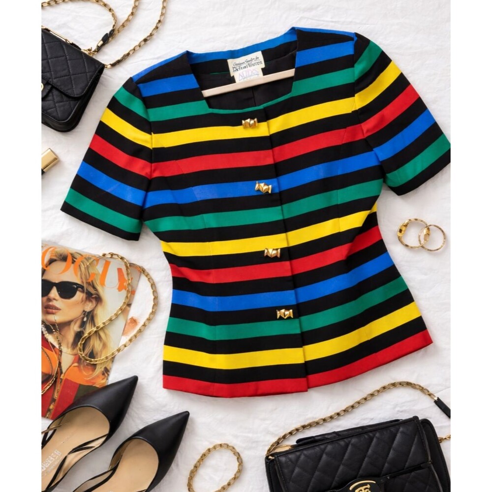 Vintage Constance Saunders for Richard Warren Silk Top Striped Multicolor Blouse